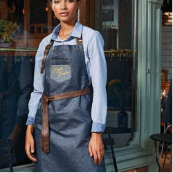 Division waxed-look denim bib apron with faux leather