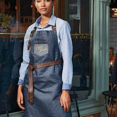 Division waxed-look denim bib apron with faux leather Aprons